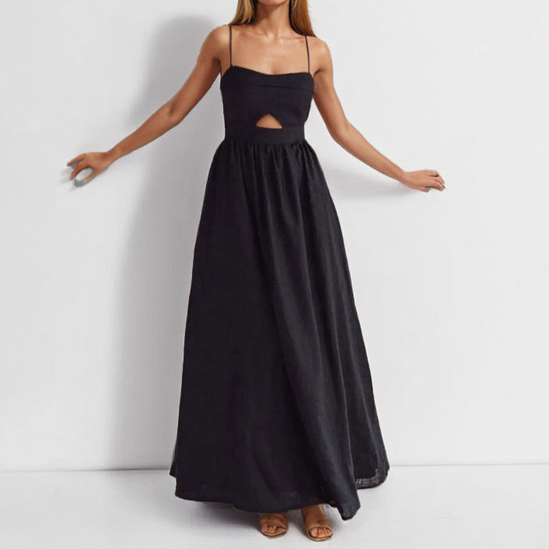 Black breathable suspender high-waisted French dress 2025 European and American fashion spring and autumn new resort style temperament long skirt