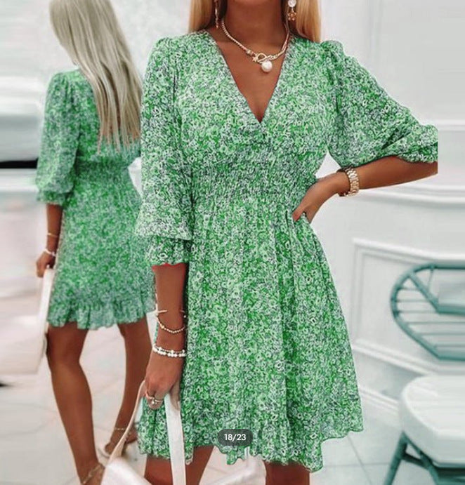 2023 floral midi skirt cinched waist, pullover puff sleeve dress, short sleeve boho print skirt, versatile high waist