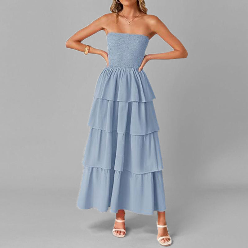 2026 spring new cross-border European and beautiful fashion commuter temperament elegant bandeau fashion solid color dress