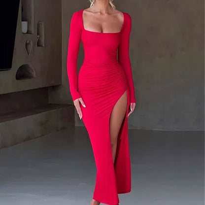 Cross-border 2026 spring new European and beautiful clothing solid color sexy pleated high-waisted slit hip-hugging dress 661