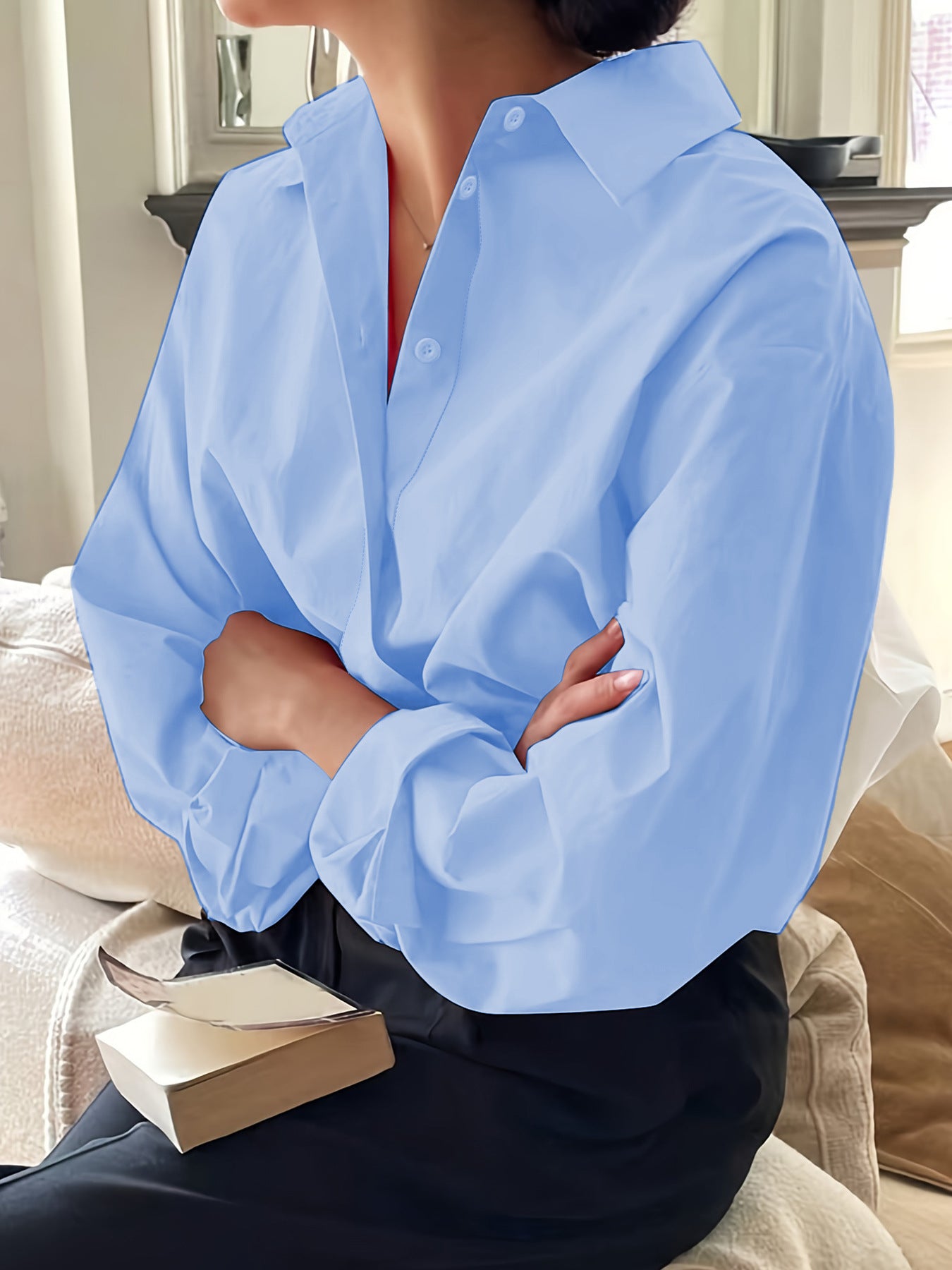 European and American cross-border plus-size women's new long-sleeve minimalist shirt, cotton poplin lapel, versatile loose fit for commuting