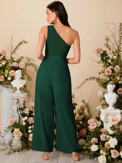 In stock, European and American cross-border 2025 Amazon spring and summer women's explosive EBA temperament slanted shoulder suspender strap jumpsuit