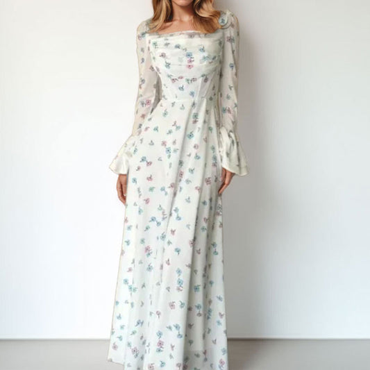 Cross-border spring 2026 European and beautiful clothing temperament elegant floral pleated fairy waist flared sleeve women's fluttering dress