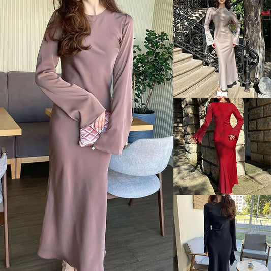 Amazon European and American foreign trade women's new French elegant solid color crew neck waist long sleeve temperament dress 661