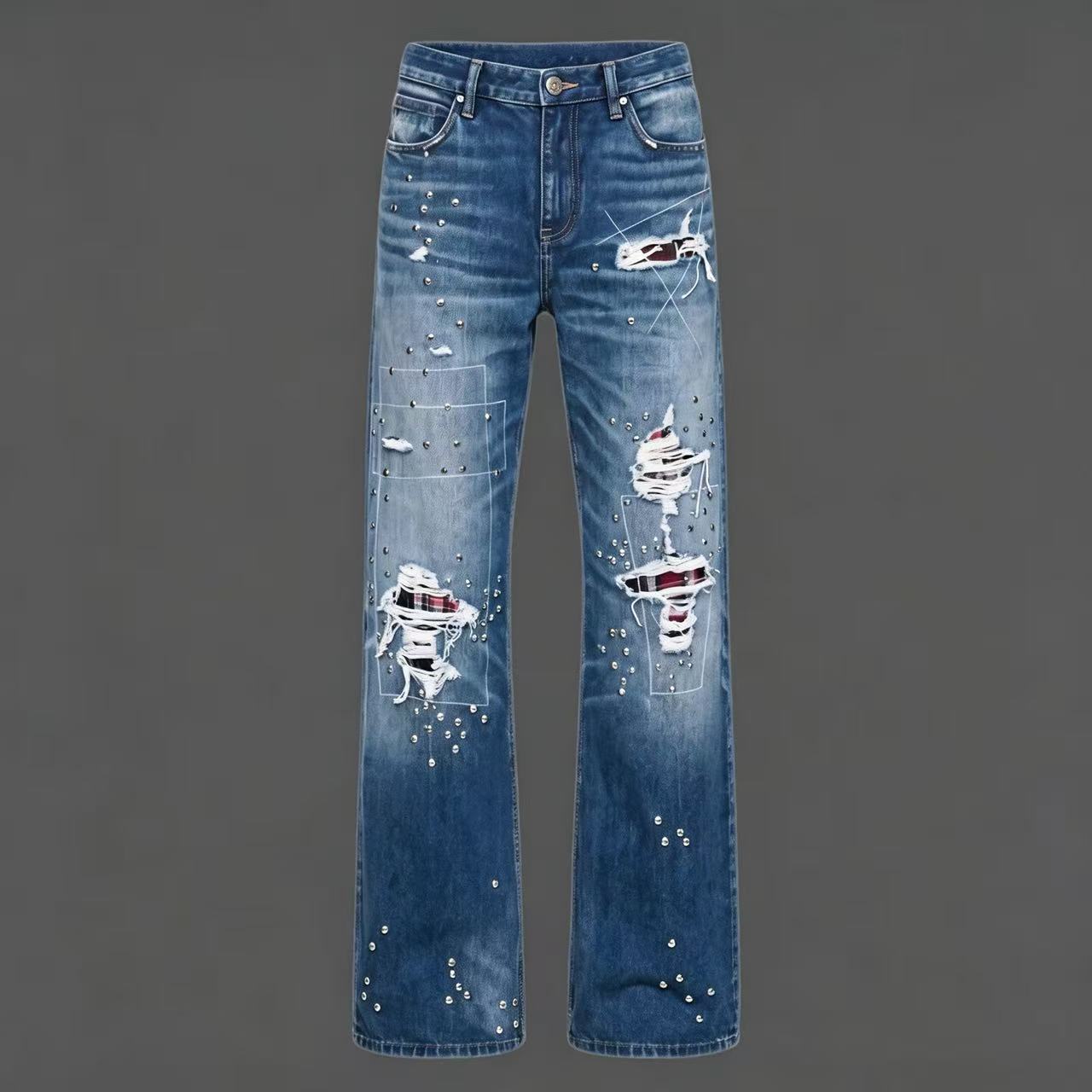American-style heavy-duty studded jeans for men and women, summer high street design ripped pants, vintage washed straight-leg pants