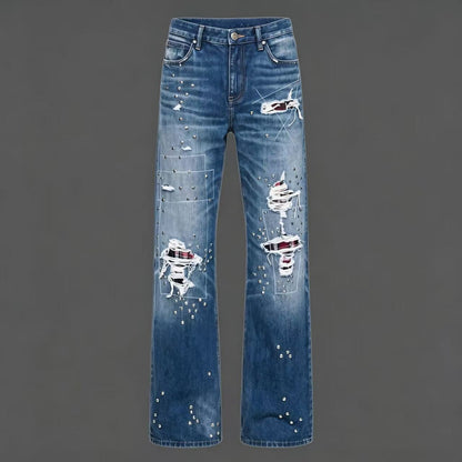 American-style heavy-duty studded jeans for men and women, summer high street design ripped pants, vintage washed straight-leg pants
