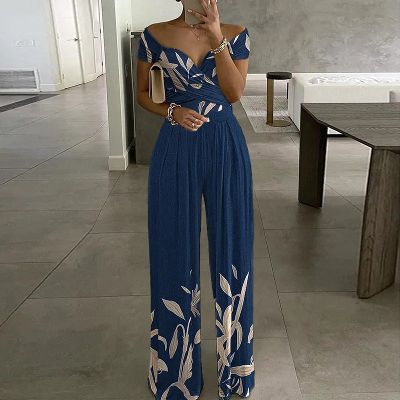 Amazon's new European and American clothing in spring personality casual one-shoulder fashion print temperament high-waisted jumpsuit