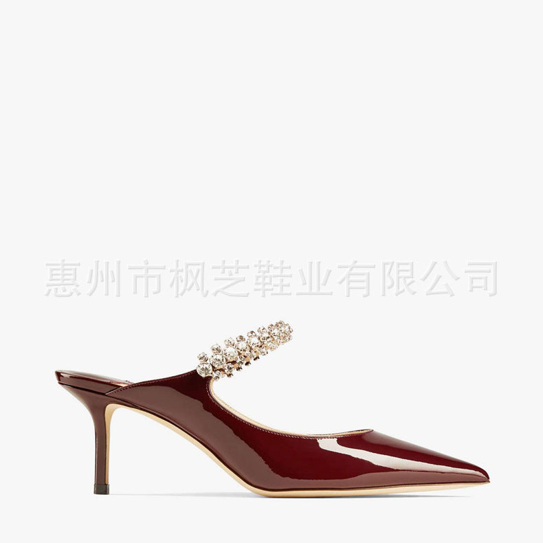 New cross-border European and American one-line strap ultra-high heel sandals, black pointed toe rhinestone heels, pump heels