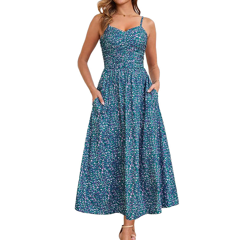 2025 European and American foreign trade cross-border women's clothing Amazon hot sale spaghetti strap floral print sexy slip dress