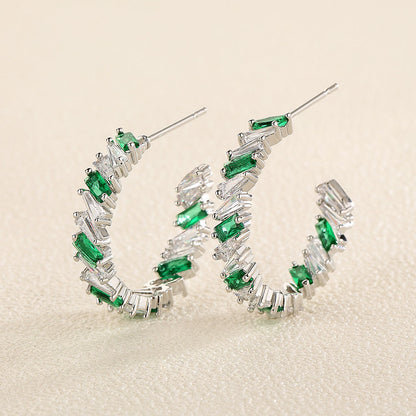 Fashionable commuting niche, high-end versatile C-shaped earrings, simple sweet and cool gemstone square zircon earrings, earrings for women