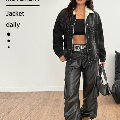 New Women's Elegant Casual Versatile Loose Slim Long Sleeve Retro Short Denim Warm Cotton Jacket Blue Black