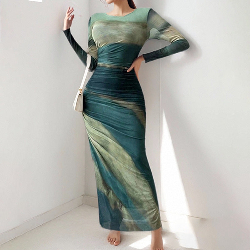 2025 cross-border Amazon spring European and beautiful women's clothing temperament is elegant and sexy, slim-fitting, long-waisted, long-sleeved dress