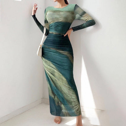 2025 cross-border Amazon spring European and beautiful women's clothing temperament is elegant and sexy, slim-fitting, long-waisted, long-sleeved dress