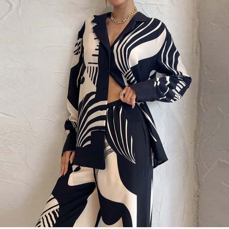 European and American Clothing 2025 Spring New Temperament Elegant Home Style Printed Long Sleeve Pants Casual Fashion Suit