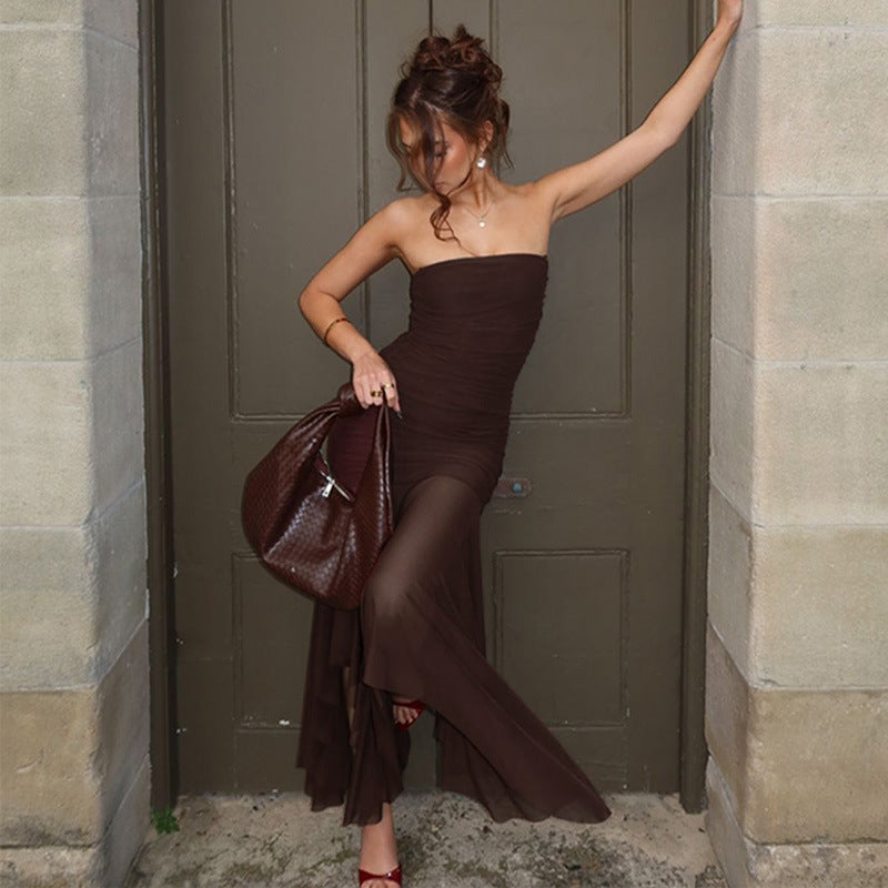 Cross-border spring and summer 2025 new European and American clothing sexy bandeau sleeveless pleated slim mesh patchwork dress for women