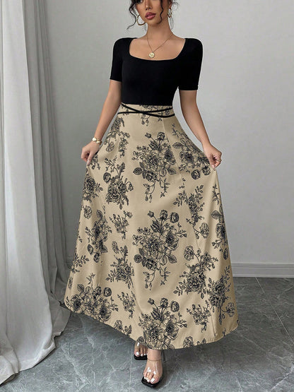2025 Summer Women’s Slimming Contrast Short Sleeve Maxi Dress – European & American Cross-Border Beach Resort Slip Skirt Style