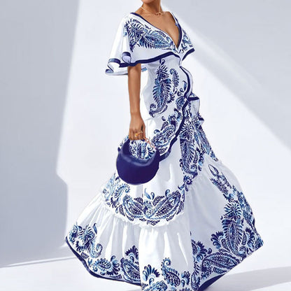 Spring 2026 new cross-border European and American clothing temperament elegant printed V-neck dress ruffled large swing dress