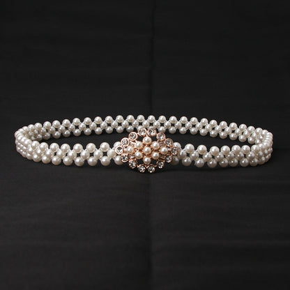 Ladies Pearl Belt Korean Version Rhinestone Pearl Embellished Belt Fashion Sweet Dress Elastic Belt Women Wholesale