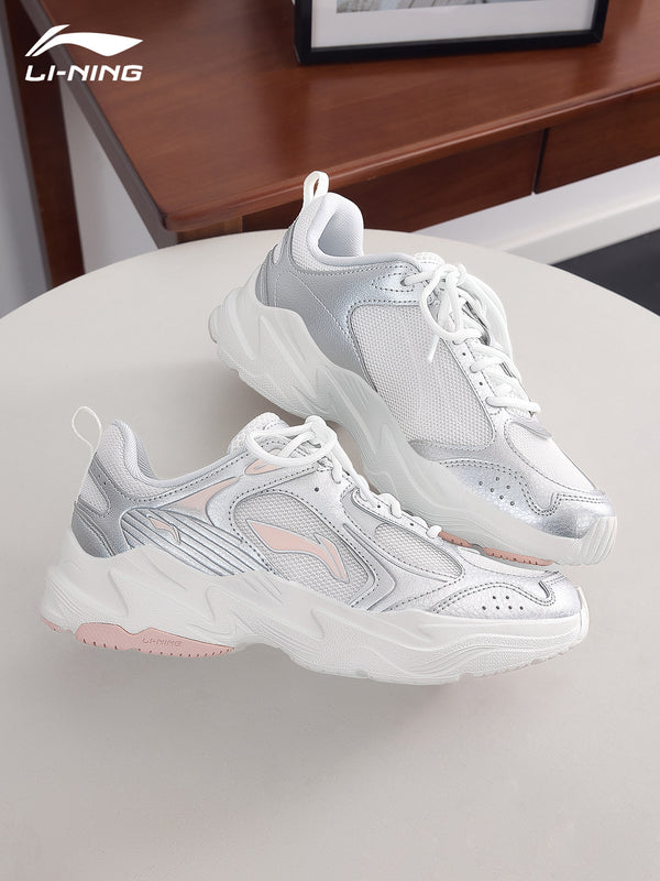 Li-Ning Dad Shoes Women's 2026 Summer New Mesh Breathable Vintage Height-Increasing Silver Pink Versatile Casual Sports Shoes