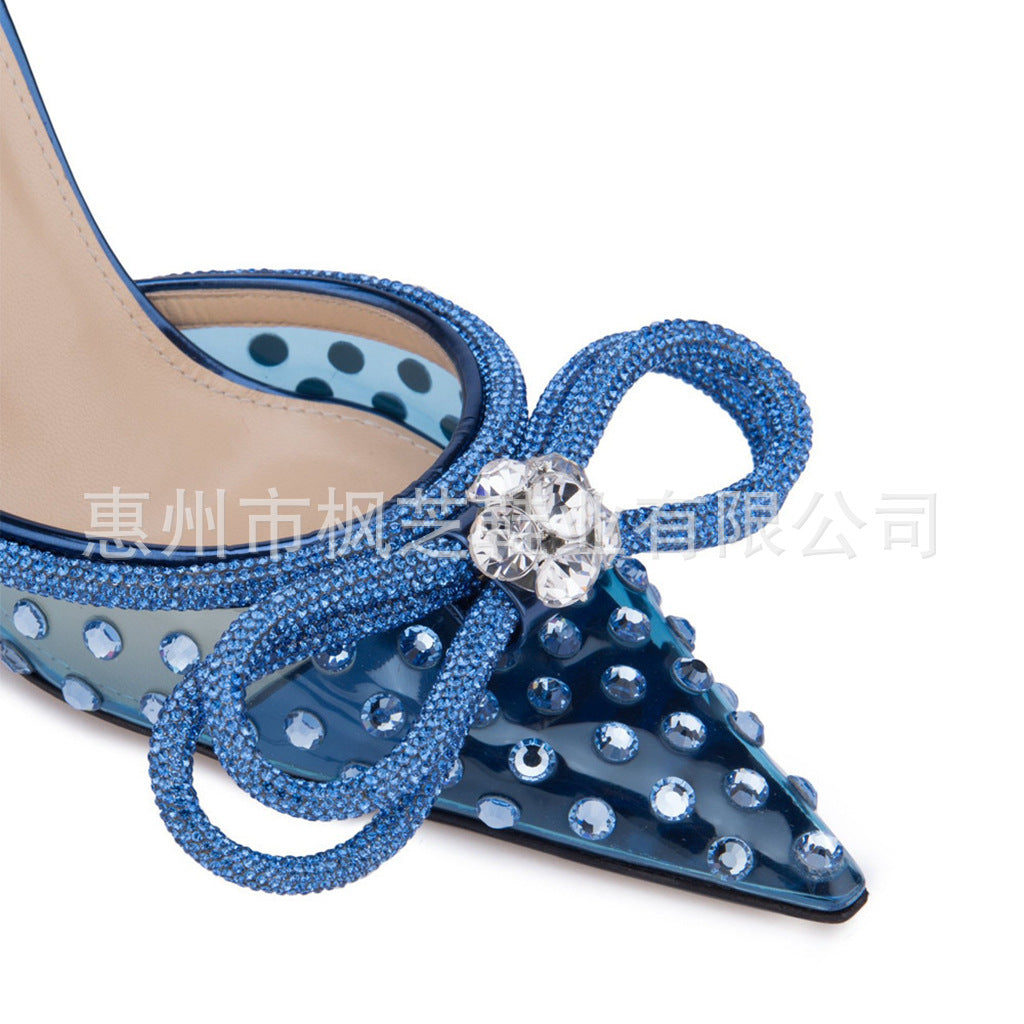 Cross-border customized high heeled sandals bow rhinestone women's shoes thin heel pointed high heels European and American women cross-border exclusive