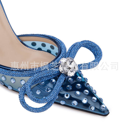 Cross-border customized high heeled sandals bow rhinestone women's shoes thin heel pointed high heels European and American women cross-border exclusive