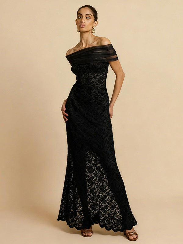 Cross-border wholesale autumn new women's clothing sexy lace one-shoulder see-through slit slim hip wrapping dress for women