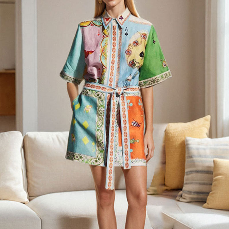 2026 spring new cross-border Amazon European and American fashion printed temperament lapel strap short-sleeved dress