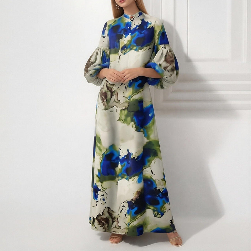 2026 New Foreign Trade European and American Clothing Temperament Loose Printed Painted Long Skirt Large Swing Puff Sleeve European and American Dress