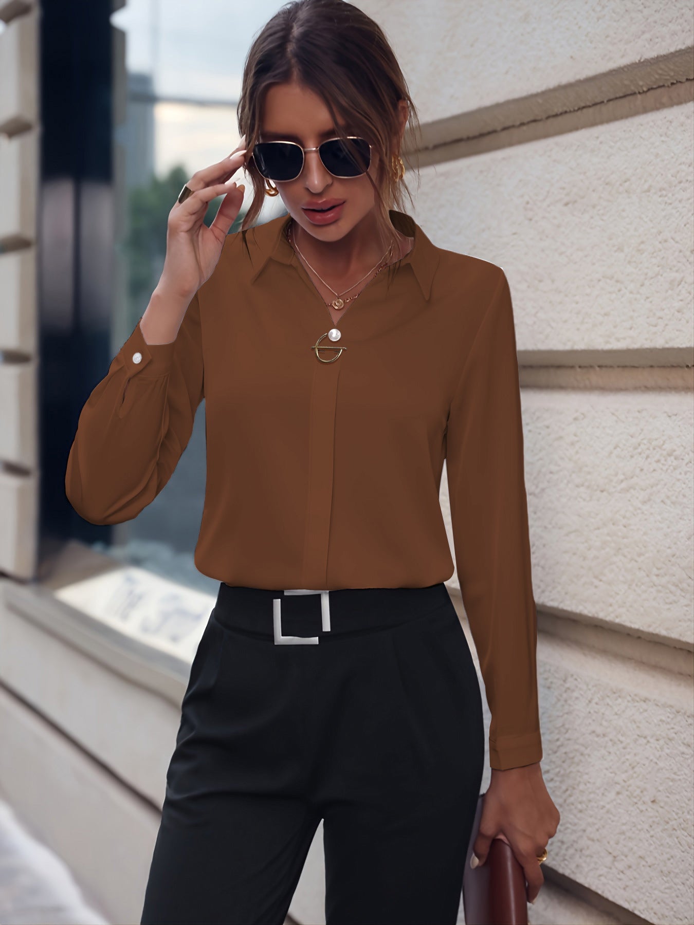 European and American commuter women's shirts are versatile and simple, Amazon solid color shirts, long sleeves, mid-length shirts