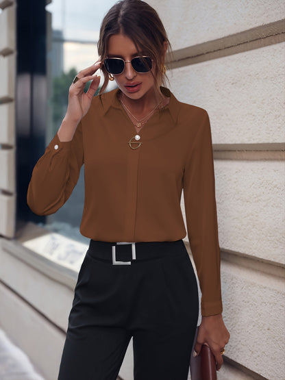 European and American commuter women's shirts are versatile and simple, Amazon solid color shirts, long sleeves, mid-length shirts