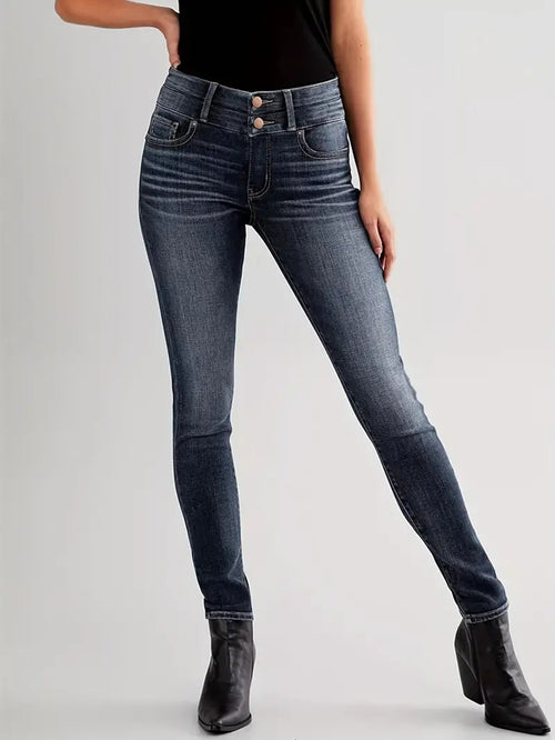 Women's jeans vintage stretch slimming small legged pants are fashionable and versatile, with double button design and dark blue denim trousers