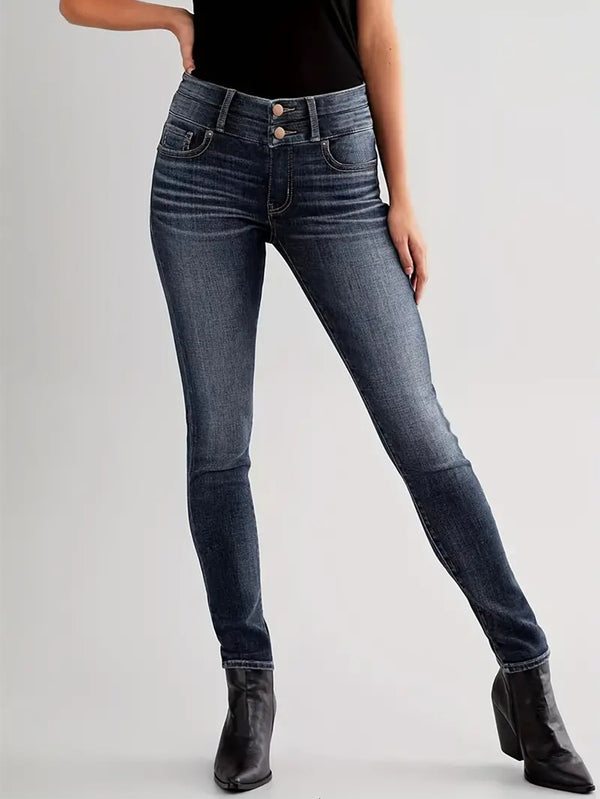 Women's jeans vintage stretch slimming small legged pants are fashionable and versatile, with double button design and dark blue denim trousers