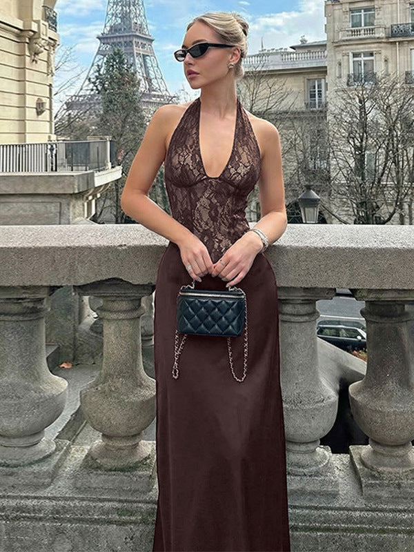 European and American style women's cross-border new sexy deep V-neck lace spliced sleeveless slim halterneck backless dress for women