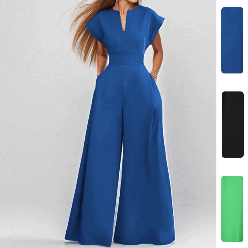 2026 spring new cross-border European and beautiful clothing temperament elegant solid color high-waisted V-neck wide-leg jumpsuit