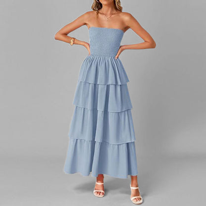 2026 spring new cross-border European and beautiful fashion commuter temperament elegant bandeau fashion solid color dress