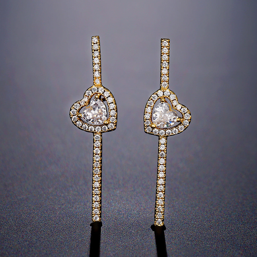 Cross-border best-selling heart-shaped stud earrings with a straight row of diamond zircon earrings, light luxury and high-end style earrings, simple commuting accessories