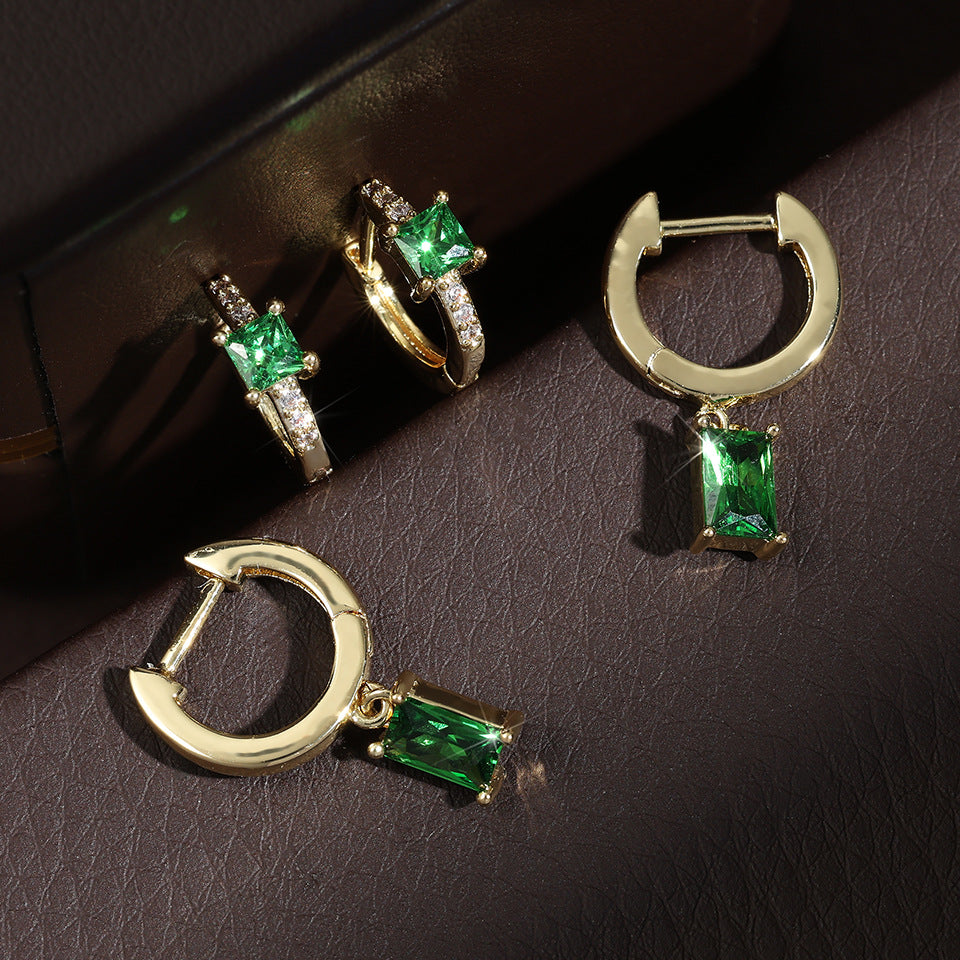 Cross-border hot-selling copper-inlaid green zircon series earrings, studs for women, fashionable geometric trendy versatile simple earrings