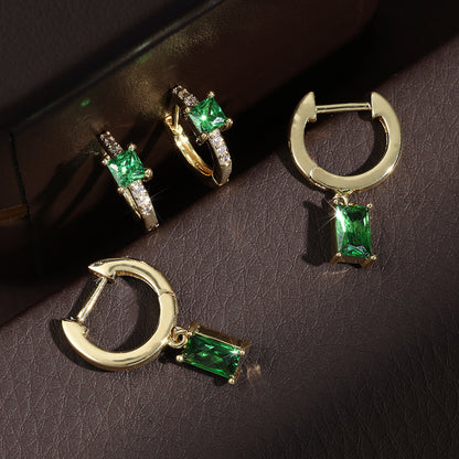 Cross-border hot-selling copper-inlaid green zircon series earrings, studs for women, fashionable geometric trendy versatile simple earrings