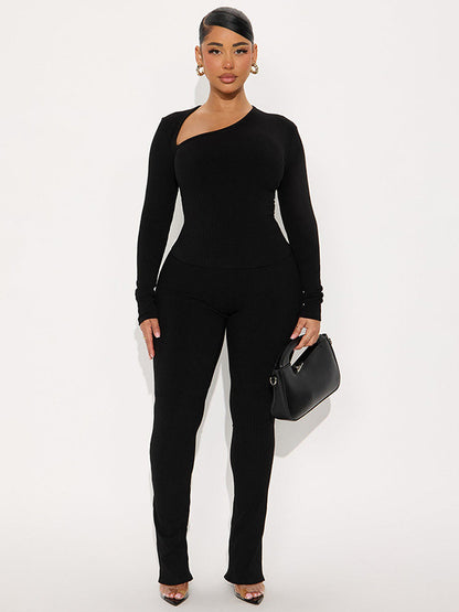 Foreign trade autumn and winter new European and beautiful clothing fashion slanted collar off-the-shoulder solid color base top high-waisted skinny trouser suit