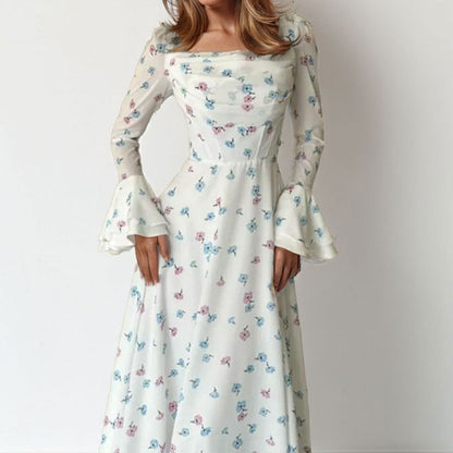 Spring 2026 New Amazon European Women's Temperament Printed Flared Sleeve Slim Stacked Spring Dress