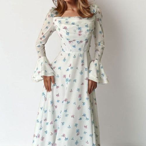 Spring 2026 New Amazon European Women's Temperament Printed Flared Sleeve Slim Stacked Spring Dress