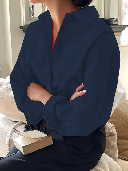 European and American cross-border plus-size women's new long-sleeve minimalist shirt, cotton poplin lapel, versatile loose fit for commuting