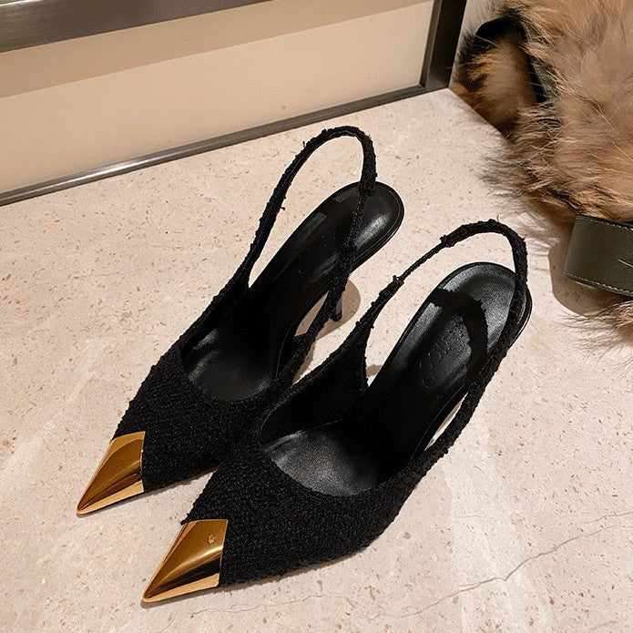2026 High Heels Women's Stiletto Rose Metal Pointed Toe Park Chaeyoung Sandals Singles Shoes Spring Black Metal Buckle Straps