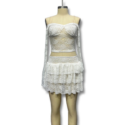 Cross-border Amazon European and American women's clothing spicy sexy bandeau crop top waist lace see-through skirt two-piece set