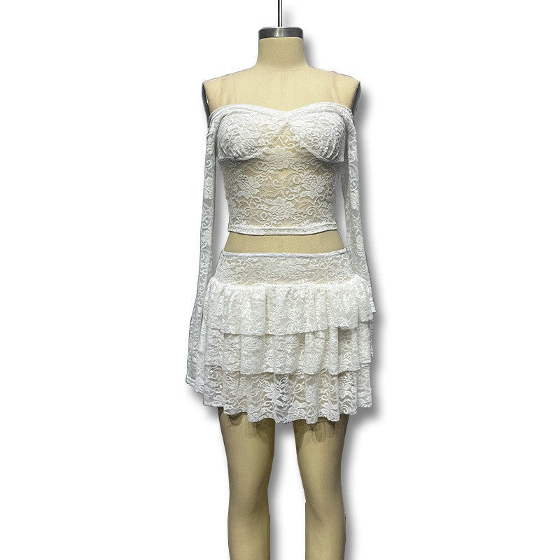 Cross-border Amazon European and American women's clothing spicy sexy bandeau crop top waist lace see-through skirt two-piece set