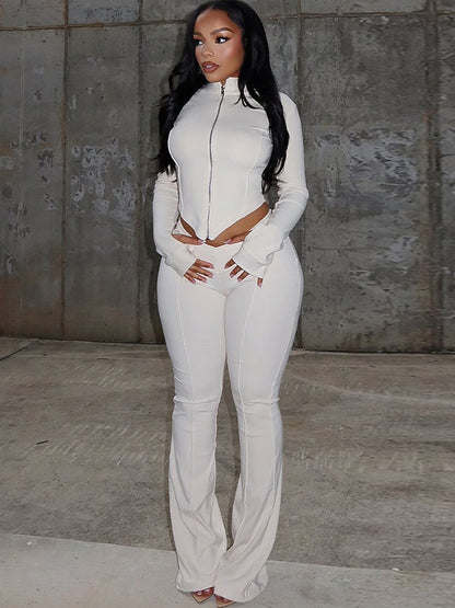 Cross-border autumn and winter new European and American clothing solid color stand-up collar sexy crop top long sleeve top high-waisted bell bottom pants suit for women