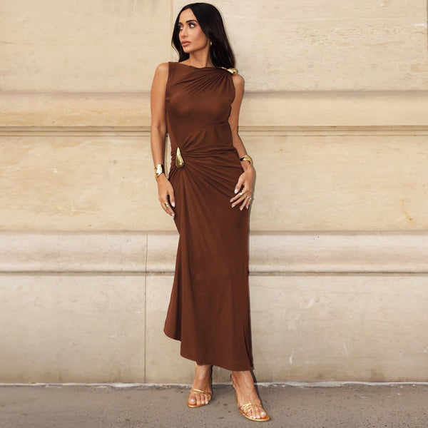 Cross-border new women's fashion European and American style solid color crew neck metal decoration twisted sleeveless slim fit hip dress