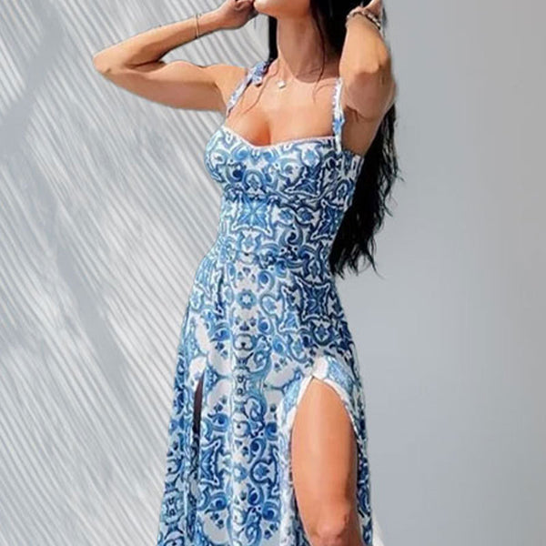 Spring 2026 new cross-border European and beautiful clothing temperament elegant waist strap open back printed dress