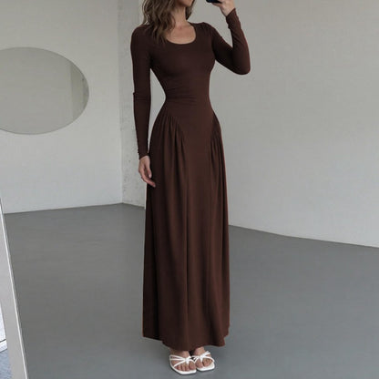 Cross-border autumn and winter new European and American clothing French elegant temperament solid color U-neck waist strap long-sleeved dress