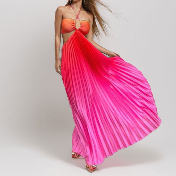2026 spring new cross-border European and beautiful clothing temperament sexy gradient color long skirt elegant hollow halterneck dress